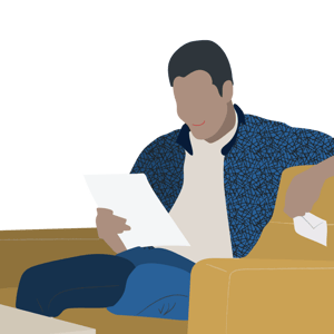 An illustration of a person sitting down, looking at a piece of paper with an envelope in their other hand.